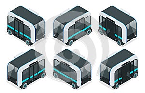 Isometric Unmanned Shuttle Bus. Automated self-driving vehicle system in city.