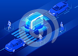Isometric Unmanned Shuttle Bus. Automated self-driving vehicle system in city.
