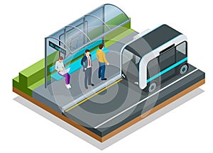 Isometric Unmanned Shuttle Bus. Automated self-driving vehicle system in city.