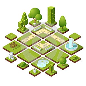 Isometric urban elements and garden decoration. Benches, fountain trees and bushes. Vector illustration set