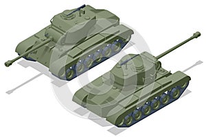 Isometric USA Tank, Medium Tank M26 Pershing. Armoured fighting vehicle designed for front-line combat, with heavy