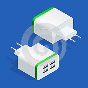 Isometric USB electric power socket AC outlet. Usb wall charger plug isolated. Vector illustration