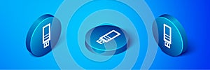 Isometric USB flash drive icon isolated on blue background. Blue circle button. Vector