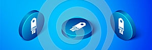 Isometric USB flash drive icon isolated on blue background. Blue circle button. Vector Illustration