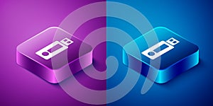 Isometric USB flash drive icon isolated on blue and purple background. Square button. Vector