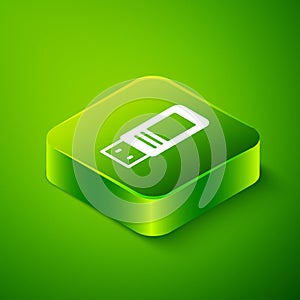 Isometric USB flash drive icon isolated on green background. Green square button. Vector