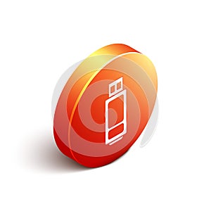 Isometric USB flash drive icon isolated on white background. Orange circle button. Vector Illustration