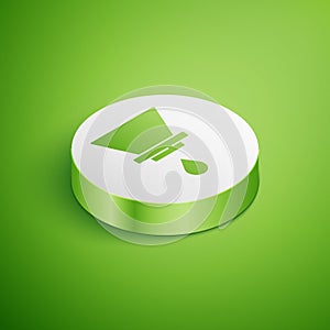 Isometric V60 coffee maker icon isolated on green background. White circle button. Vector photo