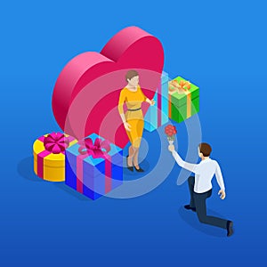 Isometric Valentine s Card with man giving roses to a woman. In love couple with heart and presents. Vector illustration