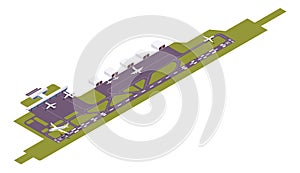 Isometric vector airport runway with take-off airplane. 3d station