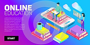 Isometric vector banner. Online education, learning, distant courses. School, college, unversity.