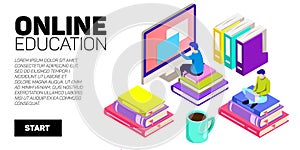 Isometric vector banner. Online education, learning, distant courses. School, college, unversity.