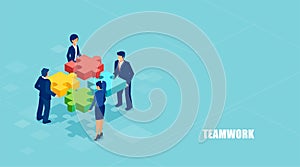 Isometric vector of business people solving a problem in team isolated on blue background