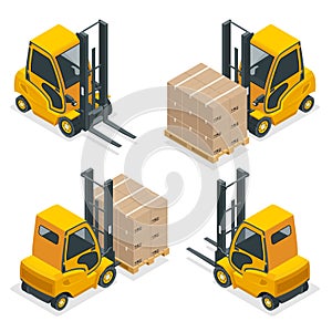 Isometric vector Compact Forklift Trucks isolated on white. Storage equipment icon set. Forklifts in various