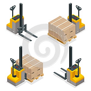 Isometric vector Compact Forklift Trucks isolated on white. Storage equipment icon set. Forklifts in various