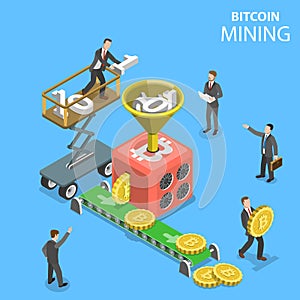 Isometric vector concept illustration of cryptocurrency mining.