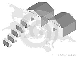 Isometric vector concept of global logistics networks, worldwide freight shipping, warehouses, fast delivery.  3d map of the world