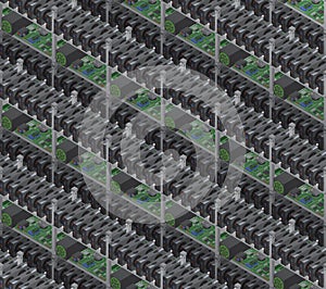 Isometric vector crypto currency mining farms seamless pattern.