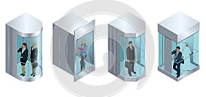 Isometric vector design of the elevator with people inside and button panel. Realistic empty elevator hall interior with
