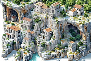 Cliffside Monastery Isometric Artwork AI Generated photo