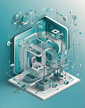 Isometric Vector Flowchart with Gears and Checkmarks for Process Improvement