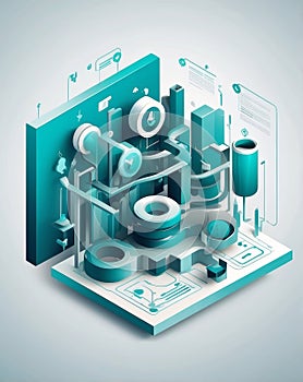 Isometric Vector Flowchart with Gears and Checkmarks for Process Improvement
