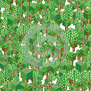 Isometric vector flowering trees pattern for forest, park, city. Seamless background. Landscape constructor kit icons for game,