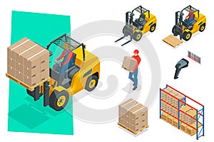 Isometric vector forklift truck isolated on white. Storage equipment icon set. Forklifts in various combinations