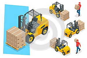 Isometric vector forklift truck isolated on white. Storage equipment icon set. Forklifts in various combinations