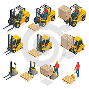 Isometric vector forklift truck isolated on white. Storage equipment icon set. Forklifts in various combinations