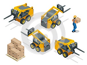 Isometric vector forklift truck isolated on white. Storage equipment icon set. Forklifts in various combinations