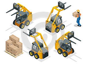 Isometric vector forklift truck isolated on white. Storage equipment icon set. Forklifts in various combinations