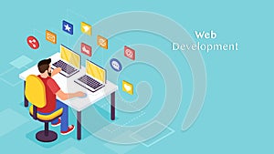 Isometric vector of freelancer programmer working on computer