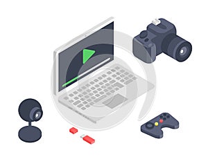 Isometric vector gadget computer devices icons wireless technologies mobile communication 3d illustration. Digital