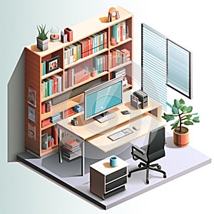 Isometric Vector Graphic of a Minimalistic Office Interior - Organized Work Environment for Enhanced Productivity. Generative AI