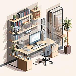 Isometric Vector Graphic of a Minimalistic Office Interior - Organized Work Environment for Enhanced Productivity. Generative AI