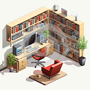 Isometric Vector Graphic of a Minimalistic Office Interior - Organized Work Environment for Enhanced Productivity. Generative AI