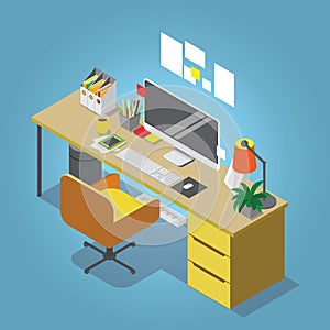 Isometric vector home office concept illustration. Workplace interior set