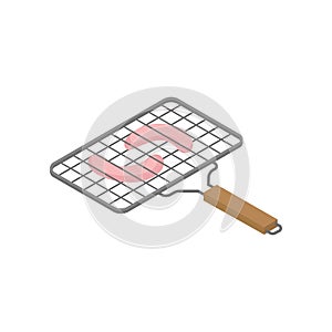 Isometric vector icon of grilling lattice with tasty sausages. Barbecue theme. Element for advertising poster or banner