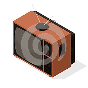 Isometric vector icon of retro television tv set with aerial on the top.