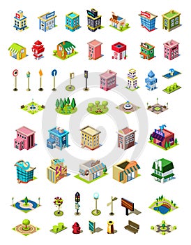 Isometric vector icons set for city constructor. Houses, cafe, hospital, shop, hotel, road equipment, park elements
