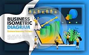 Isometric vector illustration for businesses and companies. available 3d laptops, diagram, bar charts, pie charts, worker characte