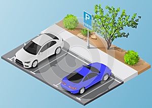 Isometric vector illustration Car in the parking lot and Parking tickets.