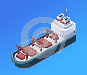 Isometric vector illustration of a cargo ship with containers on a blue background, depicting transportation concept.