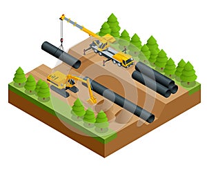 Isometric Vector illustration of the construction process. Construction work on the pipe laying of the pipeline into the