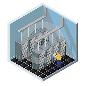 Isometric Vector Illustration diagnostic test in a server computer room. Server test in room. Servers being tested in room.