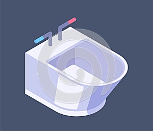 Isometric vector illustration of modern bathtub with faucets on dark background, depicting cleanliness and bathroom