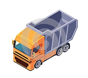 Isometric vector illustration of an orange dump truck on a white background, depicting transportation concept