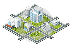 Isometric vector illustration of public constructions. Buildings and trees on 3d map fragment. Cartography picture