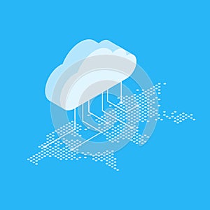 Isometric vector illustration showing the concept of cloud computing. From the cloud in the world map